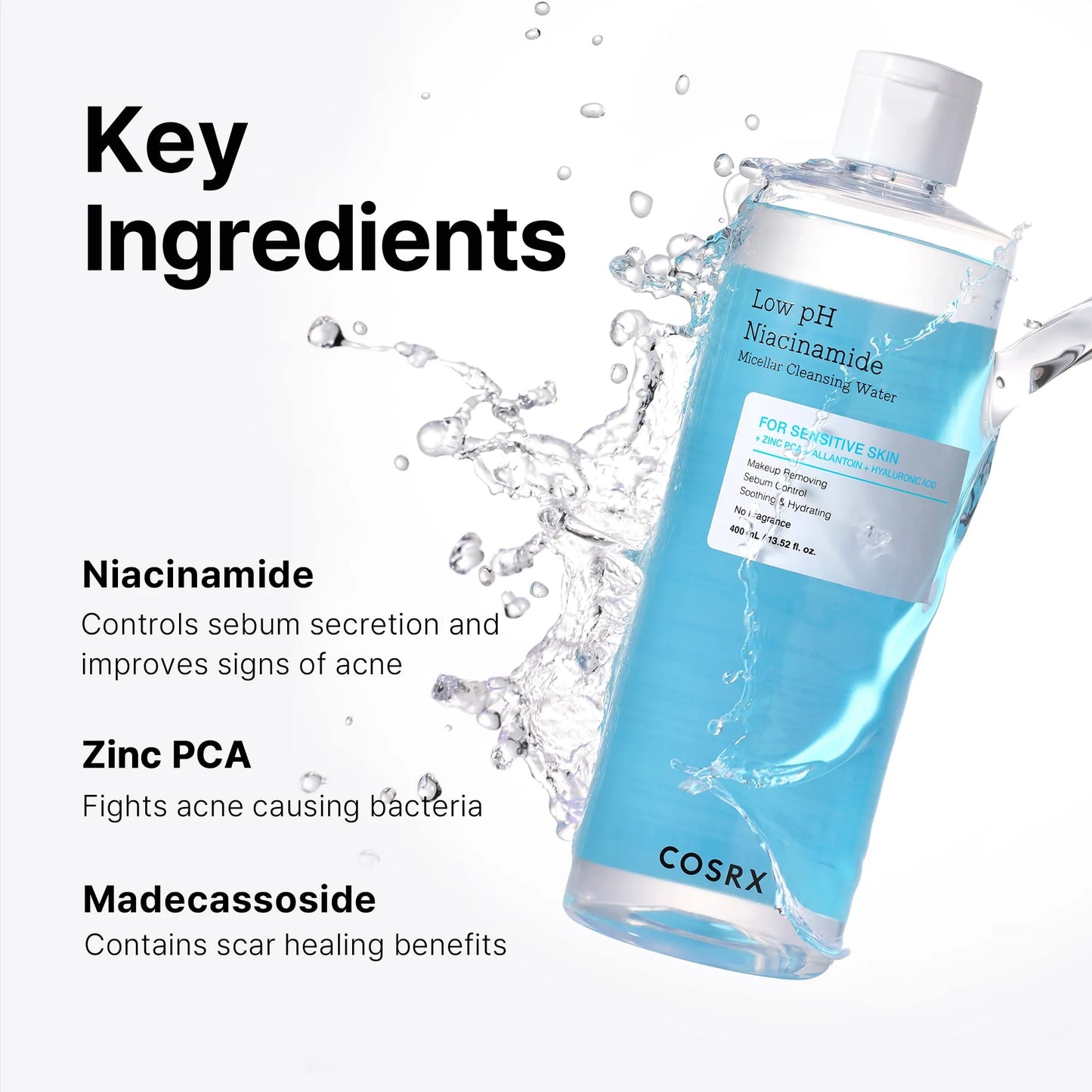 Eau micellaire nettoyante à faible pH à la niacinamide 400 ml